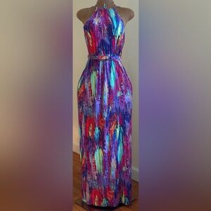 Presley Skye Multi Bright Colors Halter Top V Neck In Back  Summer Dress Sz S